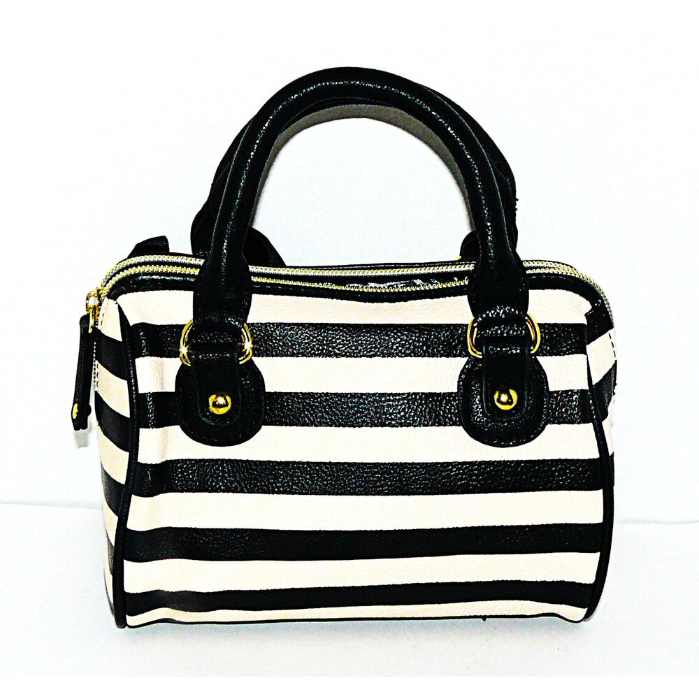 Betsey Johnson Black & White Striped Hand Shoulder Bag Bow Accent Gold Hardware - Picture 3 of 5